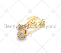 Colorful CZ Micro Pave Butterfly On Safety Pin Shape Pendant/Charm, 18K Gold Filled Charm, Necklace Bracelet Charm Pendant,8x30mm,Sku#F1409