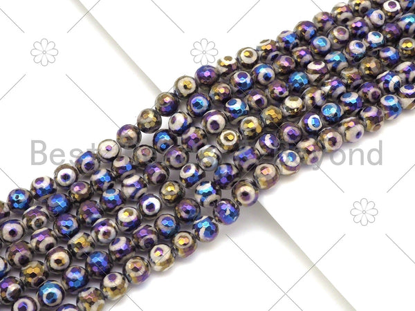 Mystic AB Tibetan Agate Round Faceted Beads, 6mm/8mm/10mm/12mm Natural Evil Eye Agate Beads, 15.5'' Full Strand, Sku#UA224
