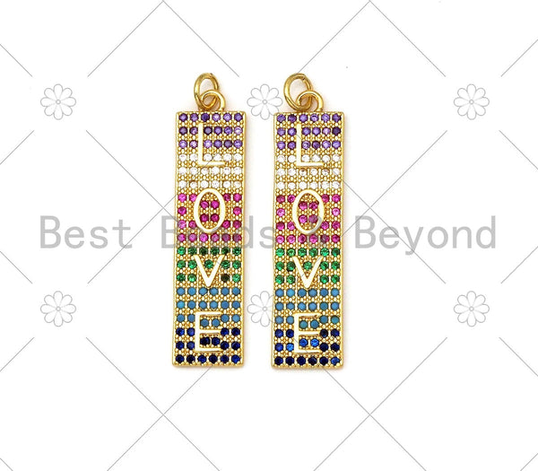 Colorful CZ Micro Pave Love Word On Long Rectangle Bar Shape Pendant, 18K Gold Filled Love Charm, Necklace Bracelet Pendant,9x37mm,Sku#LD137