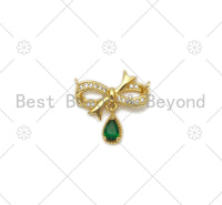 Emerald Green Teardrop CZ Micro Pave Bowknot Shape Pendant/Charm,18K Gold Filled Charm, Necklace Bracelet Charm Pendant,20x19mm,Sku#LK401