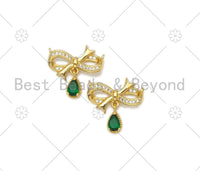 Emerald Green Teardrop CZ Micro Pave Bowknot Shape Pendant/Charm,18K Gold Filled Charm, Necklace Bracelet Charm Pendant,20x19mm,Sku#LK401