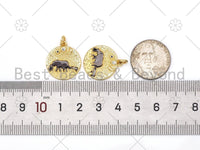 Black Enamel Elephant Mom And Baby On Round Coin Shape Pendant,18K Gold Filled Moon Star CZ Charm,Necklace Bracelet Pendant,18x21mm,Sku#L614