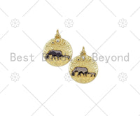 Black Enamel Elephant Mom And Baby On Round Coin Shape Pendant,18K Gold Filled Moon Star CZ Charm,Necklace Bracelet Pendant,18x21mm,Sku#L614