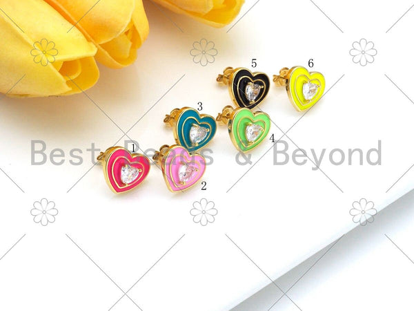 Clear CZ Micro Pave Heart on Colorful Enamel Heart Earrings, 18K Gold Filled Heart Stud Earrings, Enamel Pave Jewelry, 14x12mm, Sku#O67