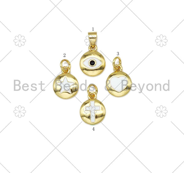 White Enamel Evil Eye Heart Cross Star On Round Coin Shape Pendant, Gold Filled Enamel Charm,Enamel Jewelry Findings, 12x10mm,Sku#LD144