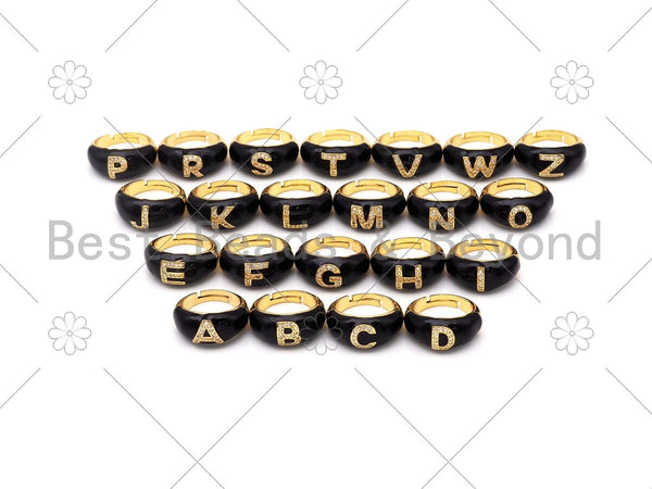CZ Micropave Black Enamel Alphabet Adjustable Ring, 18K Gold Filled Enamel Open Ring, Statement Ring,23mm,Sku#O72