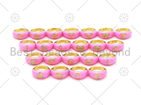 CA Micropave Pink Enamel Alphabet Adjustable Ring, 18K Gold Filled Enamel Open Ring, Statement Ring,23mm,Sku#O76
