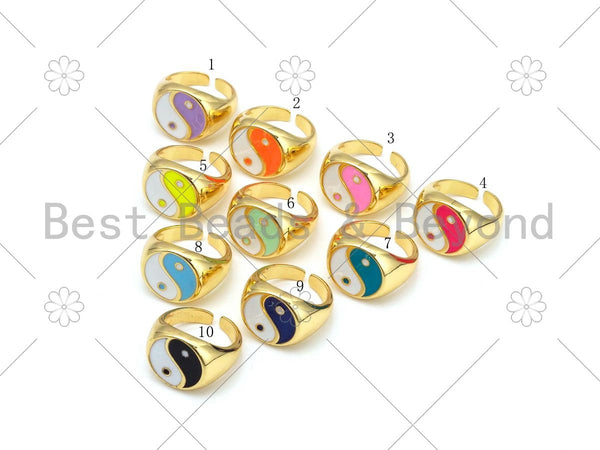 Colorful Enamel YinYang Shape Adjustable Ring, 18K Gold Filled Enamel TaiJi Open Ring, Religious Ring,Statement Ring,21mm,Sku#X248