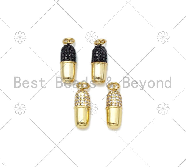 Black Clear CZ Micro Pave Pill Shape Pendant,18K Gold Filled Pill Charm, Necklace Bracelet Charm Pendant, 16x6mm,Sku#Z1395