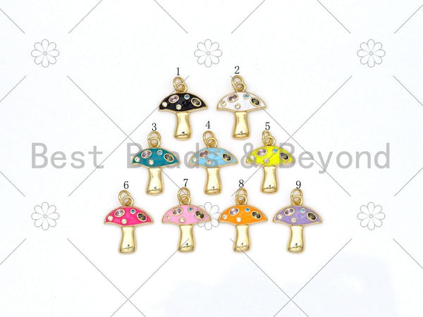 Colorful CZ Micropave Mushroom Shape Pendant, 18k Gold Filled Enamel Mushroom Charm, Necklace Bracelet Charm Pendant,16x19mm,Sku#F1428
