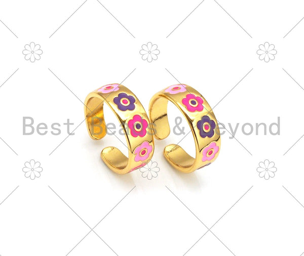 Colorful Enamel Flower On Round Adjustable Ring, 18K Gold Filled Enamel Open Ring, Statement Ring, 20x7mm,Sku#FH175