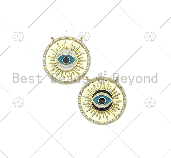 Turquiose Enamel Evil Eye On Round Coin Pendant,18K Gold Filled CZ Micro Pave Evil Eye Charm,Necklace Bracelet Charm, 25mm,Sku#LK432