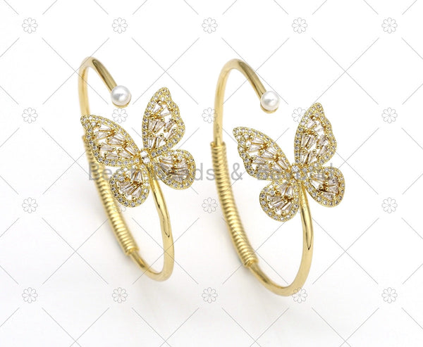 CZ MicroPave Bufferfly with Mother of Pearl Bangle Bracelet, 18K Gold Filled CZ Butterfly Cuff Bracele, Fashion Jewelry, Sku#LD156