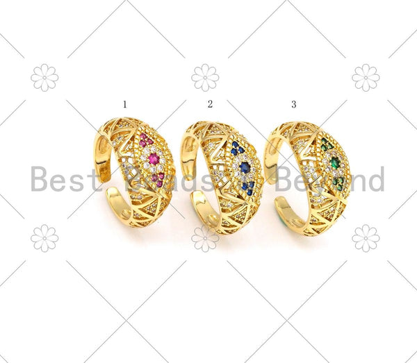 CZ Micropave Evil Eye Chunky Adjustable Ring, 18K Gold Filled Red/Green/Cobalt CZ Ring, Statement Ring,11x23mm,Sku#X266