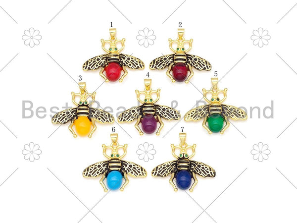 Colorful Glass Bee Shape with Green CZ Eye Pendant, 18K Gold Filled Bee Charm, Necklace Bracelet Charm Pendant, 32x27mm, Sku#F178