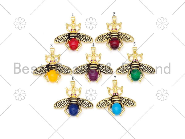 Colorful Glass Bee with Fuchsia CZ Eye  Shape Pendant,18K Gold Filled Bee Charm, Necklace Bracelet Charm Pendant, 32x27mm, Sku#FH179