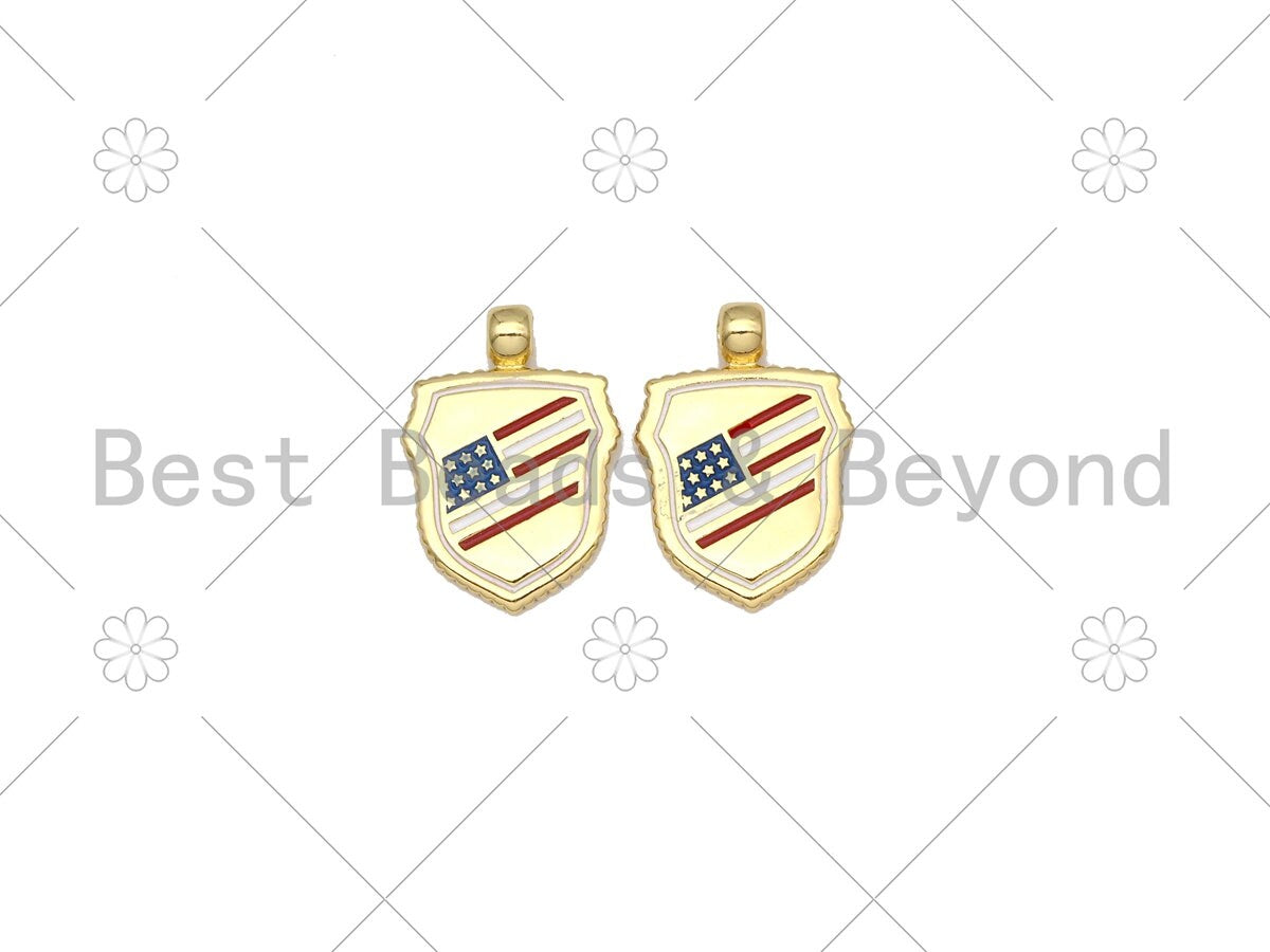 US Flag On Shield Shape Enamel Pendant, 18K Gold Filled Flag Charm, Necklace Bracelet Charm Pendant,18x25mm, Sku#LK439