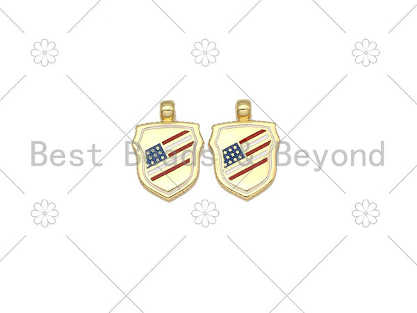 US Flag On Shield Shape Enamel Pendant, 18K Gold Filled Flag Charm, Necklace Bracelet Charm Pendant,18x25mm, Sku#LK439