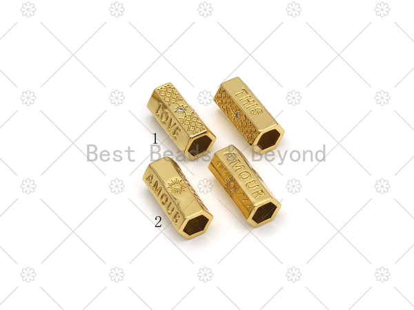 Love Word Heart/Amour Word North Star On Hexagon Shape Large Hole Tube Spacer Beads, 18K Gold Filled Beads, CZ Tube Spacer,10x21mm, Sku#Y521