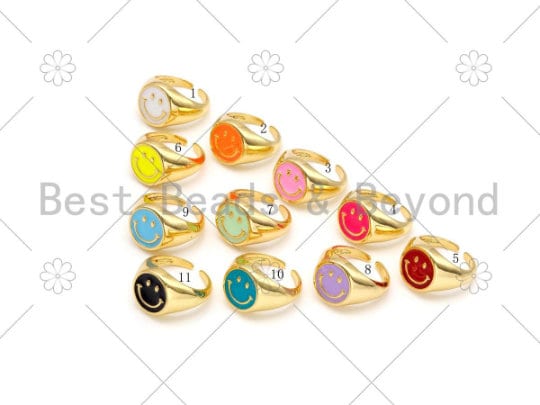 Colorful Enamel Adjustable Cute Smiley Face Ring, 18K Gold Filled Open Ring, Smiley Face Ring, Fashion Enamel Jewelry,21mm, Sku#x263