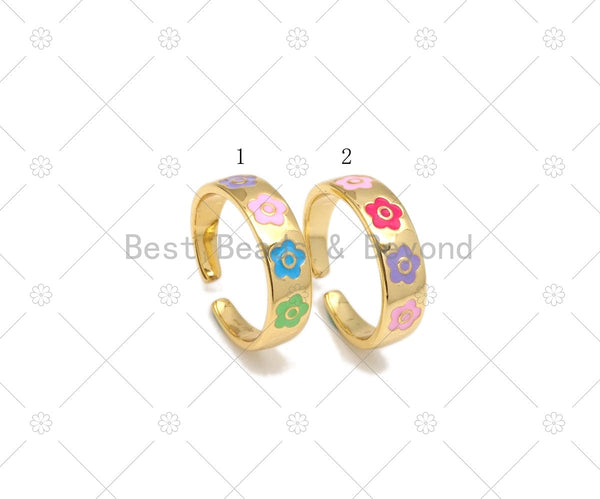 Colorful Enamel Flower On Round Adjustable Ring, 18K Gold Filled Enamel Open Ring, Flower Statement Ring, 21x6mm,Sku#LD160