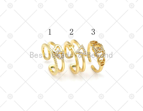 CZ Micro Pave Heart/Triangle/Circle Adjustable Ring, 18K Gold Filled Open Ring, CZ Ring, 20mm,Sku#JL55