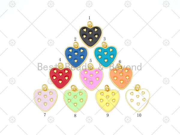 Cute Gold Heart On Colorful Enamel Heart Shape Pendant, 18K Gold Filled Heart Charm, Necklace Bracelet Charm Pendant,19x20mm, Sku#LK483