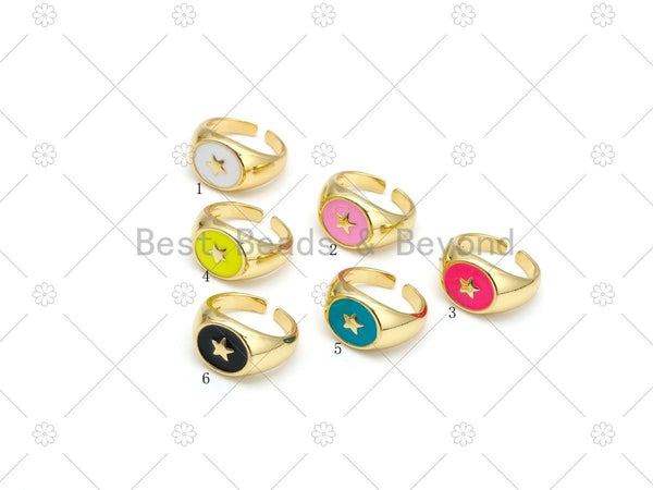 Gold Five Point Star On Colorful Enamel Round Adjustable Ring, 18K Gold Filled Enamel Open Ring, Star Statement Ring,13x22mm,Sku#Y544