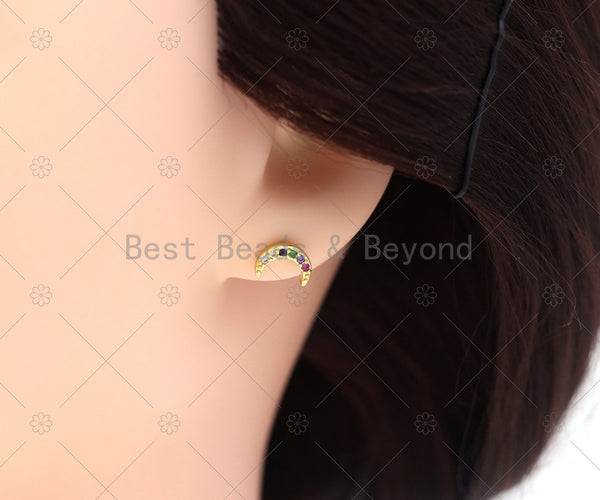 Colorful CZ Micro Pave Cresent Moon Shape Stud Earrings, 18K Gold Filled Latch Back Earrings, CZ Earring, Sku#LK515