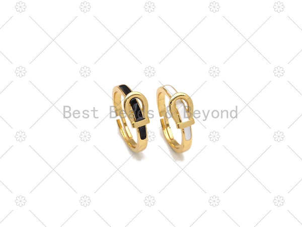 Black/White Enamel Belt Fastener Shape Adjustable Ring, 18K Gold Filled Enamel Open Ring, Statement Ring, 21x8mm,Sku#LK485