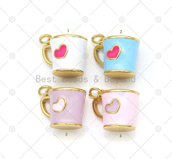 Gold Heart on Colorful Enamel Coffee Cup Shape Pendant, 18K Gold Filled Cup Charm,Necklace Bracelet Charm Pendant, 17x14mm,Sku#LK492