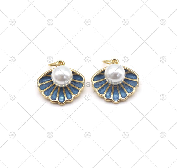 Mother of Pearl On Blue Enamel Shell Shape Pendant, 18K Gold Filled Shell Charm, Necklace Bracelet Charm Pendant,Sku#Y552