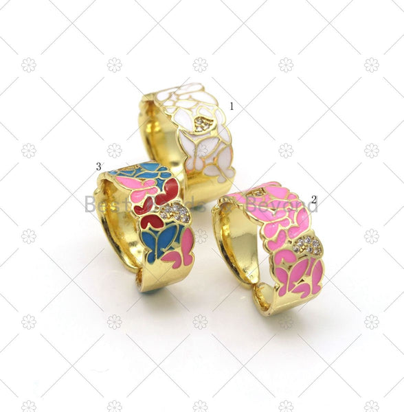 Colorful Enamel Butterfly on Chunky Adjustable Ring, 18K Gold Filled Enamel Flower Open Ring, CZ Micro Pave Statement Ring,Sku#JL64